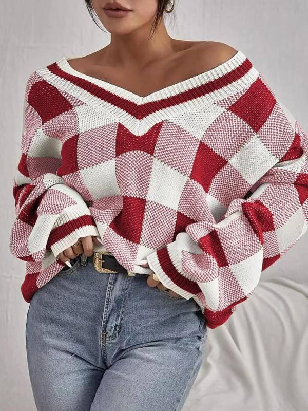 Womens Plaid Print Sweater Top, Deep V Neck Batwing Sleeve Jumper, Casual Long Sleeve Knitwear for Fall and Winter Daily Wear