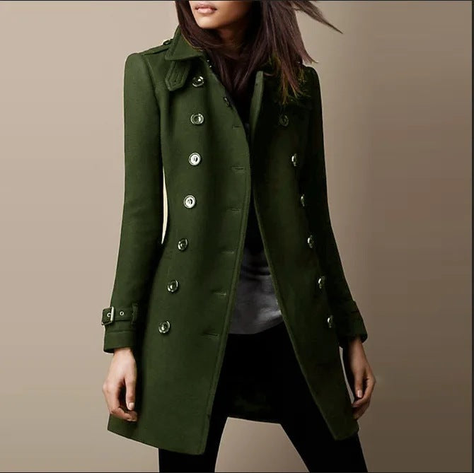 Women’s Long Peacoat with Double Breasted Front and Belted Cuffs