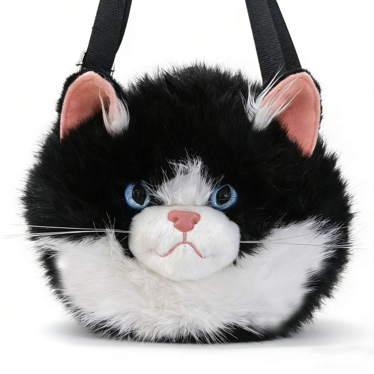 Crossbody Bag with Plush Cat Face and Adjustable Strap, Blue Eyes