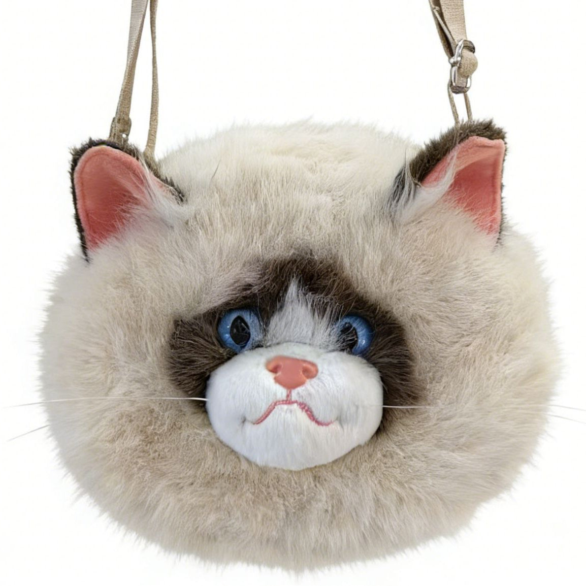 Crossbody Bag with Plush Cat Face and Adjustable Strap, Blue Eyes