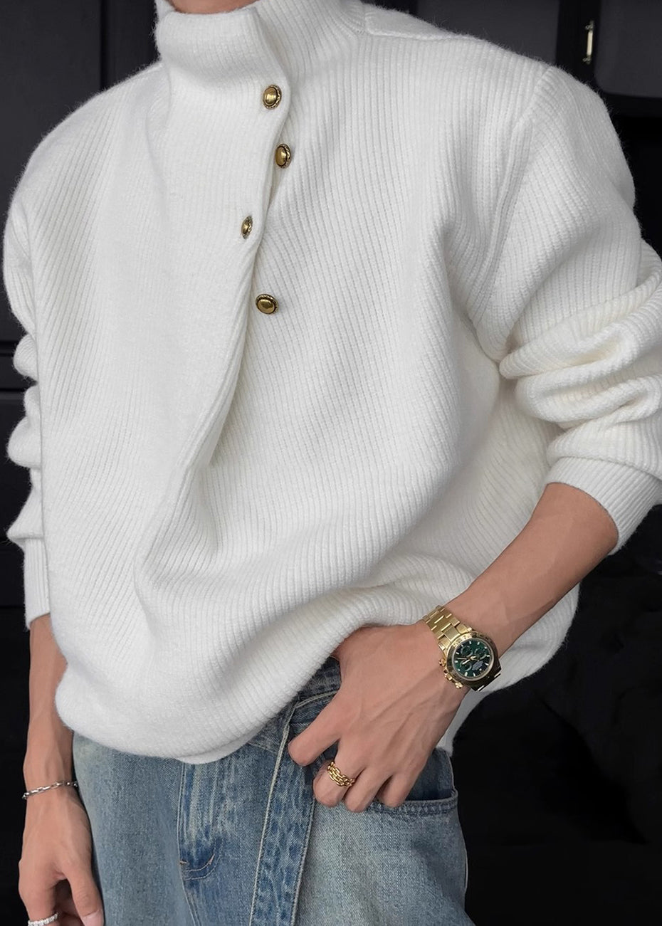 Mens High Neck Sweater with Side Buttons and Ribbed Cuffs, Thick Knit