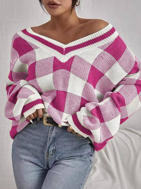 Womens Plaid Print Sweater Top, Deep V Neck Batwing Sleeve Jumper, Casual Long Sleeve Knitwear for Fall and Winter Daily Wear