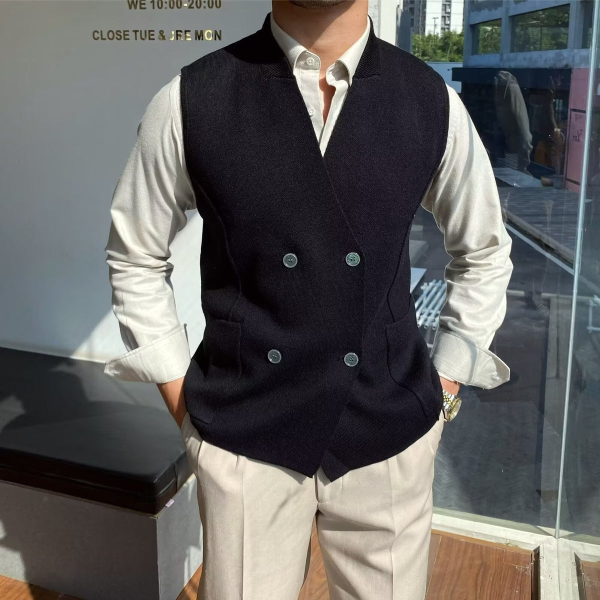 Knitted Vest with Double Breasted Buttons and Front Pockets