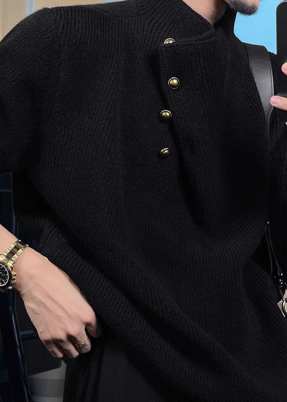 Mens High Neck Sweater with Side Buttons and Ribbed Cuffs, Thick Knit
