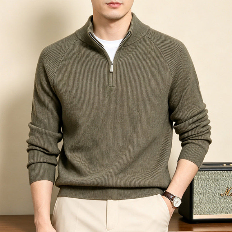 Mens Thick Knit Zip Front Sweater, Solid Color Casual Pullover with Classic Neckline, Medium Stretch Minimalist Knitwear for Autumn and Daily Wear