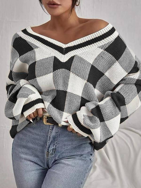Womens Plaid Print Sweater Top, Deep V Neck Batwing Sleeve Jumper, Casual Long Sleeve Knitwear for Fall and Winter Daily Wear