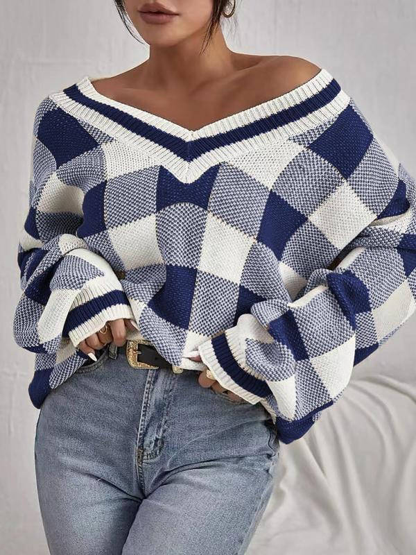 Womens Plaid Print Sweater Top, Deep V Neck Batwing Sleeve Jumper, Casual Long Sleeve Knitwear for Fall and Winter Daily Wear