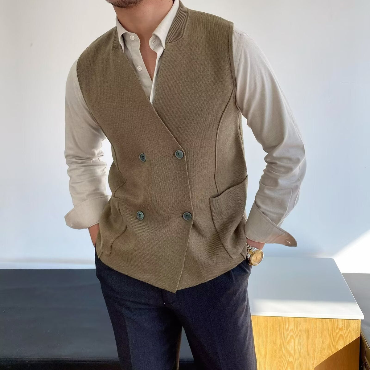 Knitted Vest with Double Breasted Buttons and Front Pockets