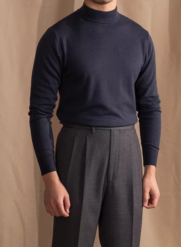 Mock Neck Sweater with Structured Shoulders and Breathable Knit Fabric