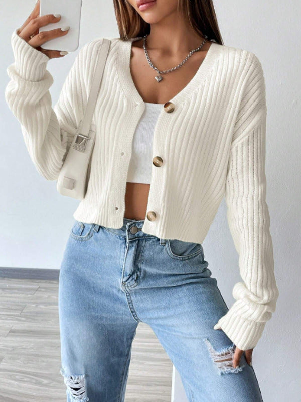 Womens Button Front V Neck Cardigan, Solid Color Drop Shoulder Long Sleeve Knitwear, Casual Fall and Winter Sweater for Everyday Wear