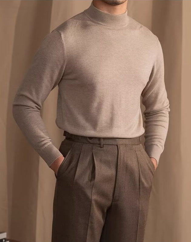 Mock Neck Sweater with Structured Shoulders and Breathable Knit Fabric