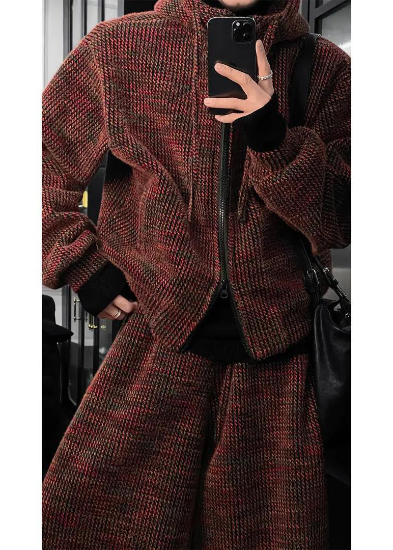 Textured Knit Hoodie and Wide Leg Pants Set with Mixed Color Yarn