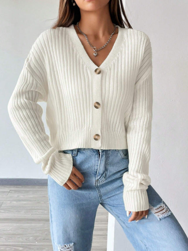 Womens Button Front V Neck Cardigan, Solid Color Drop Shoulder Long Sleeve Knitwear, Casual Fall and Winter Sweater for Everyday Wear