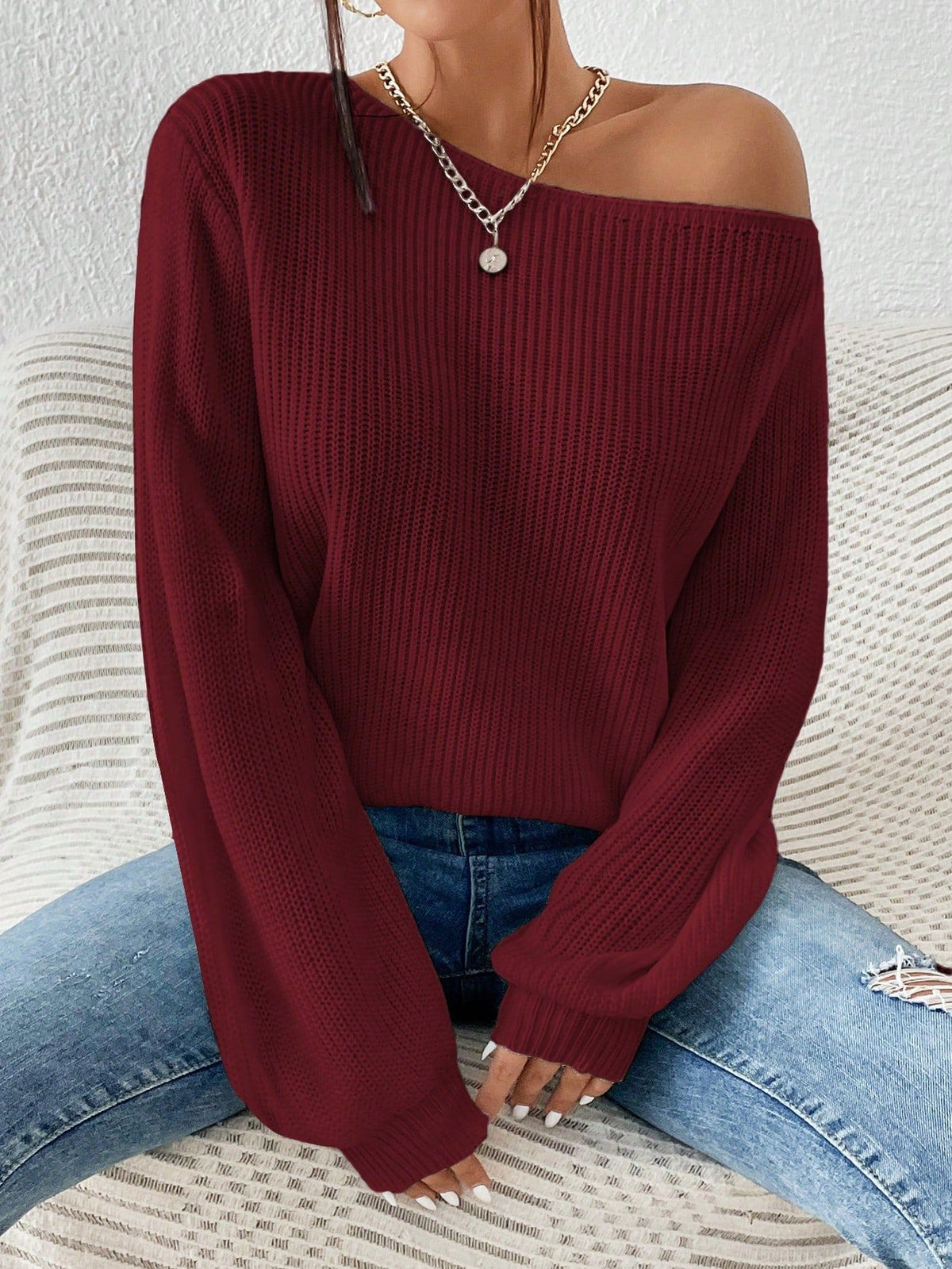 Womens Long Sleeve Knit Pullover Sweater, Casual Acrylic Knitwear for Fall and Winter, Comfortable Everyday Cold Weather Top