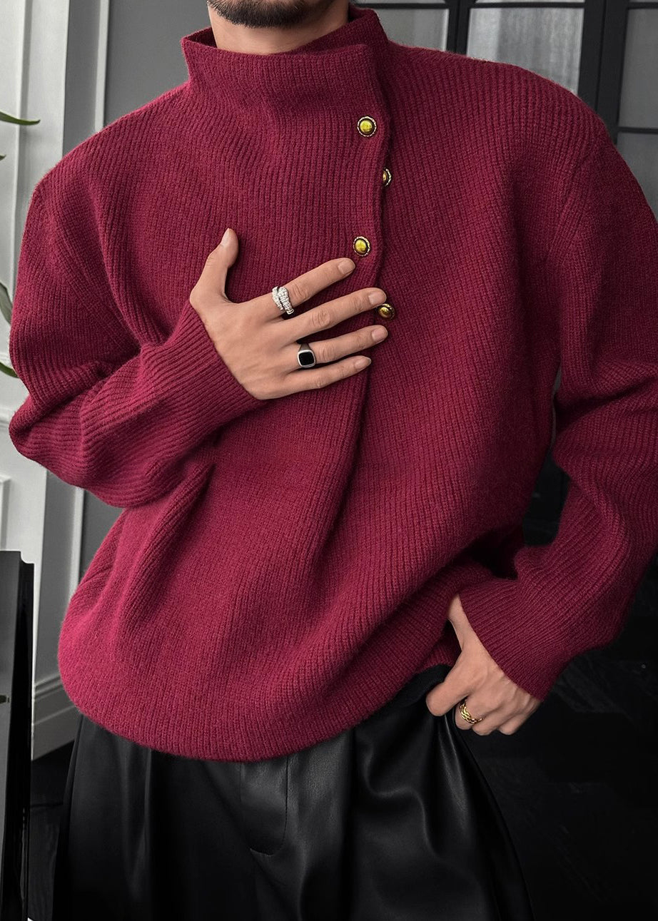Mens High Neck Sweater with Side Buttons and Ribbed Cuffs, Thick Knit