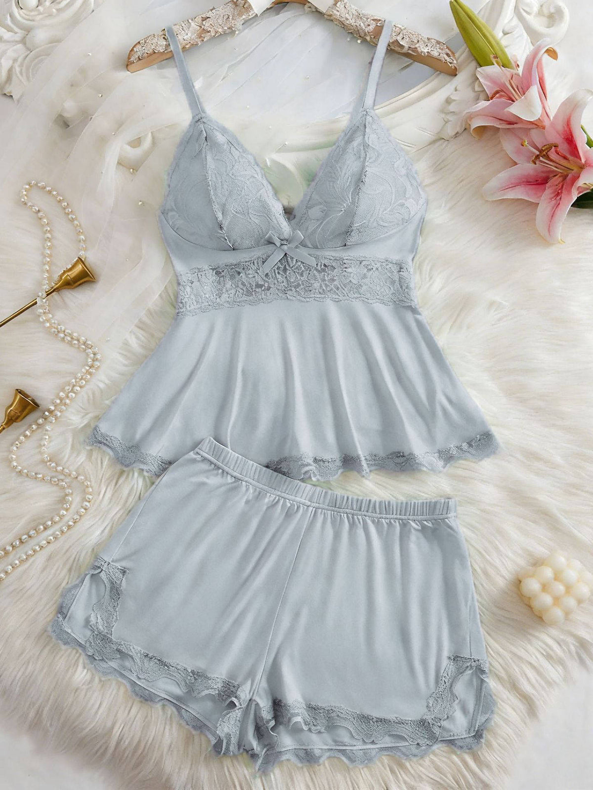 Womens Lace Cami Top and Shorts Pajama Set, Bow Decor Spaghetti Strap Camisole with Adjustable Straps and Elastic Waist Shorts, All Season Sleepwear