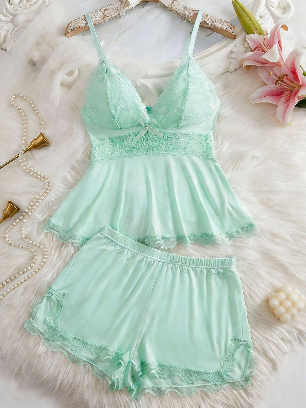 Womens Lace Cami Top and Shorts Pajama Set, Bow Decor Spaghetti Strap Camisole with Adjustable Straps and Elastic Waist Shorts, All Season Sleepwear