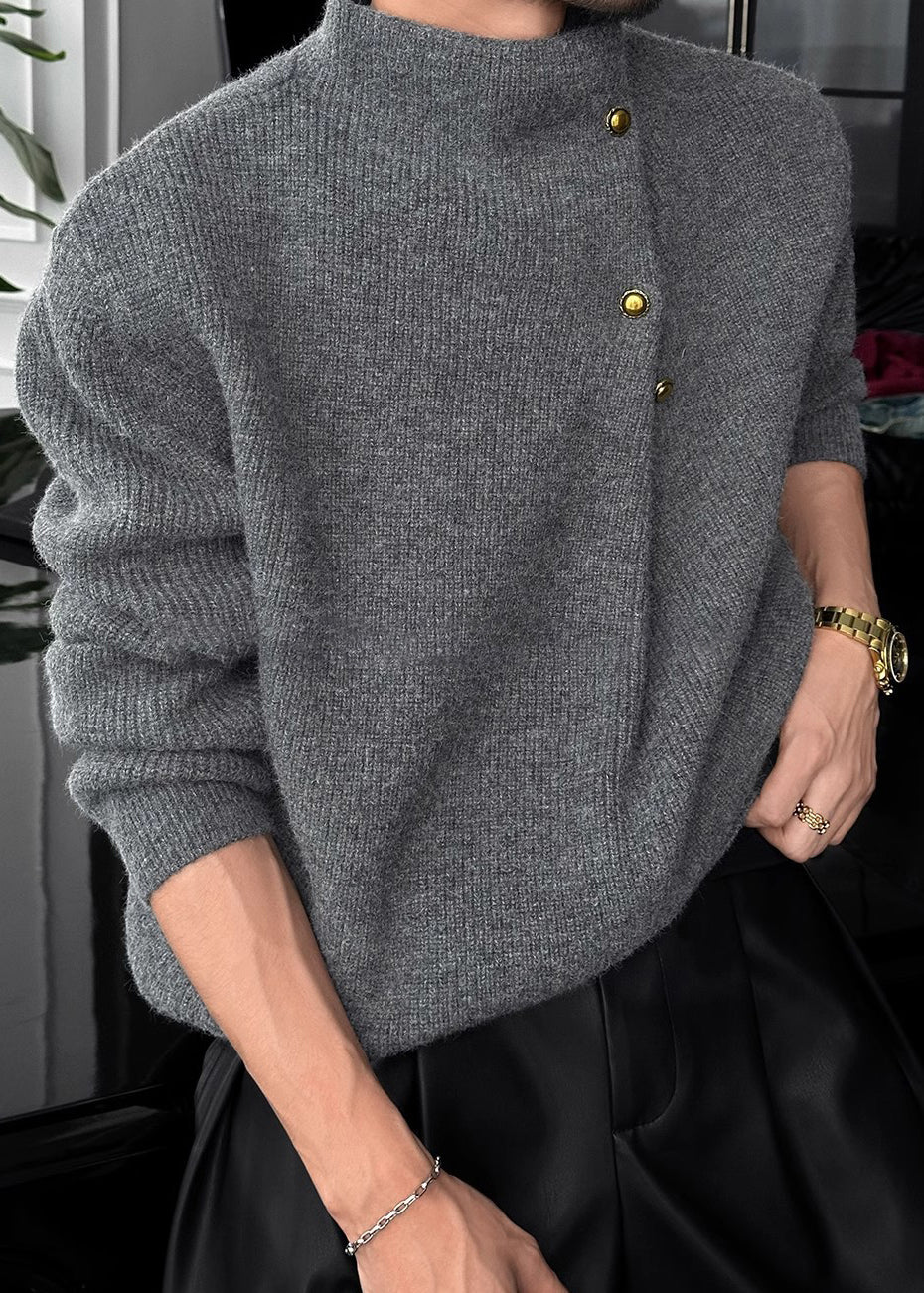 Mens High Neck Sweater with Side Buttons and Ribbed Cuffs, Thick Knit