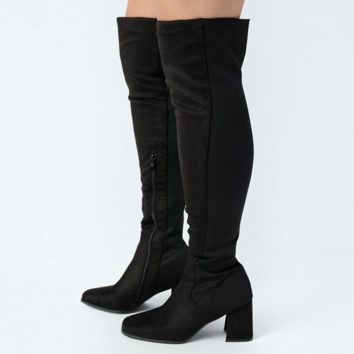 Womens Black Over The Knee Boots, Stretch Side Zipper