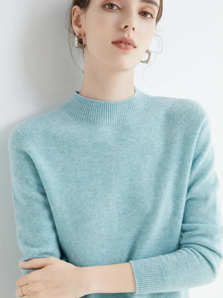 Women Knitted Mock Turtleneck Sweater with Ribbed Hem and Cuffs