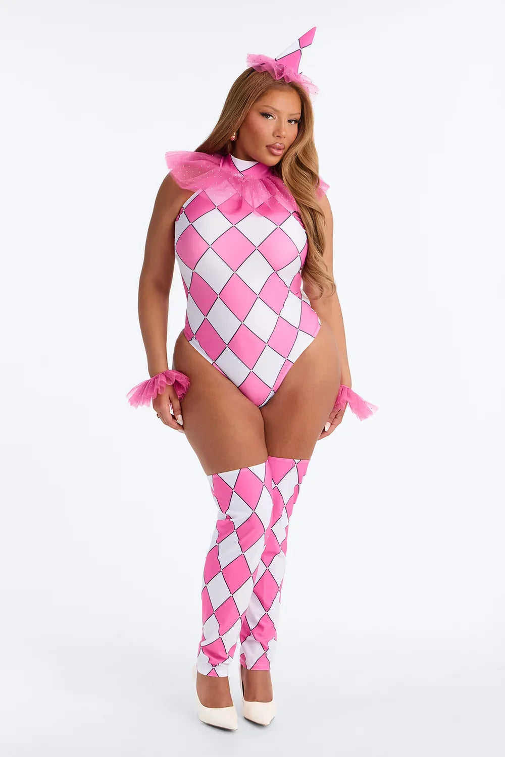 Four Piece Clown Costume Set with Bodysuit and Matching Accessories, Pink