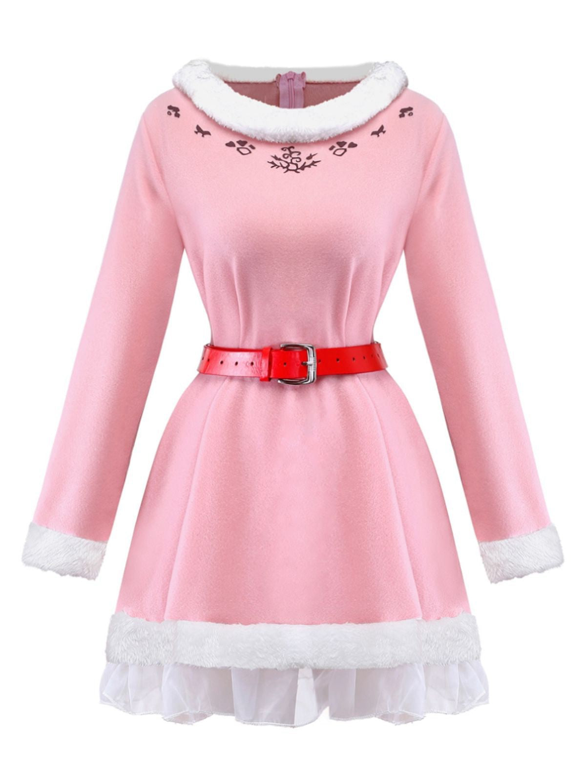 Pink 1950s Christmas Elf Plush-Edged Dress Set - vintage dress, retro fashion, rockabilly