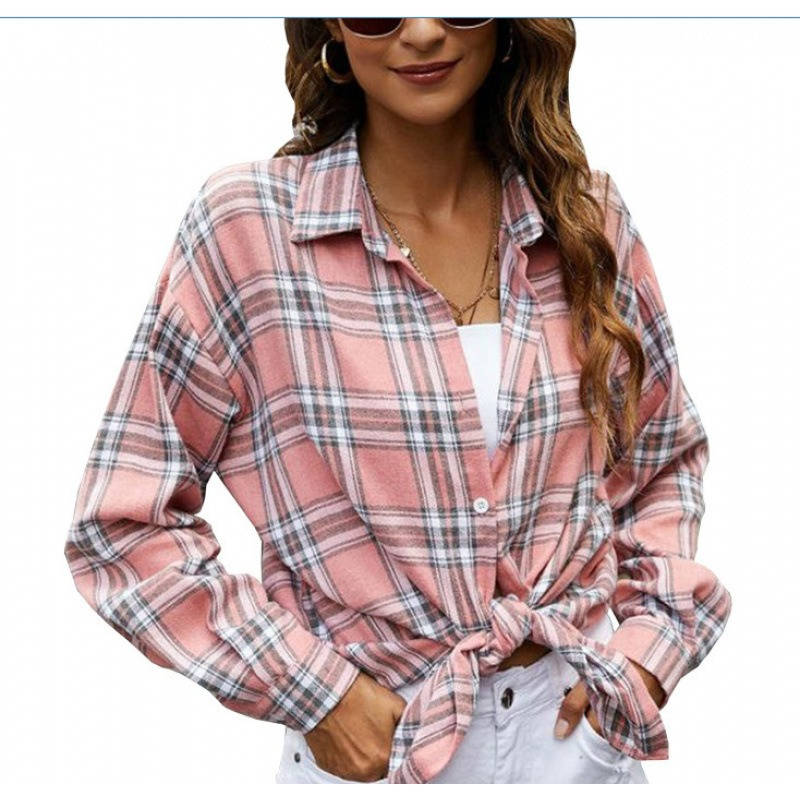 Women's Flannel Plaid Shirt, Soft Button Down Shirt, Roll Up Long Sleeve Flannel Plaid Blouse for Women