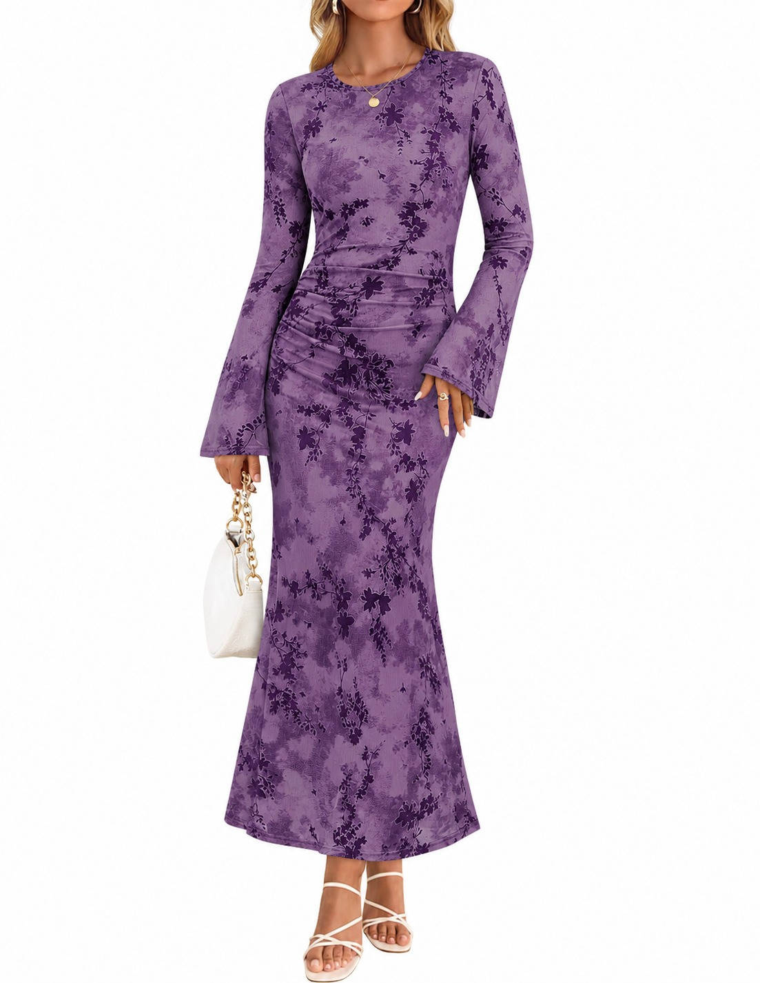 Womens Floral Maxi Dress, Long Sleeve Ruched Mesh Bodycon Dress, Elegant Fall Formal Dress