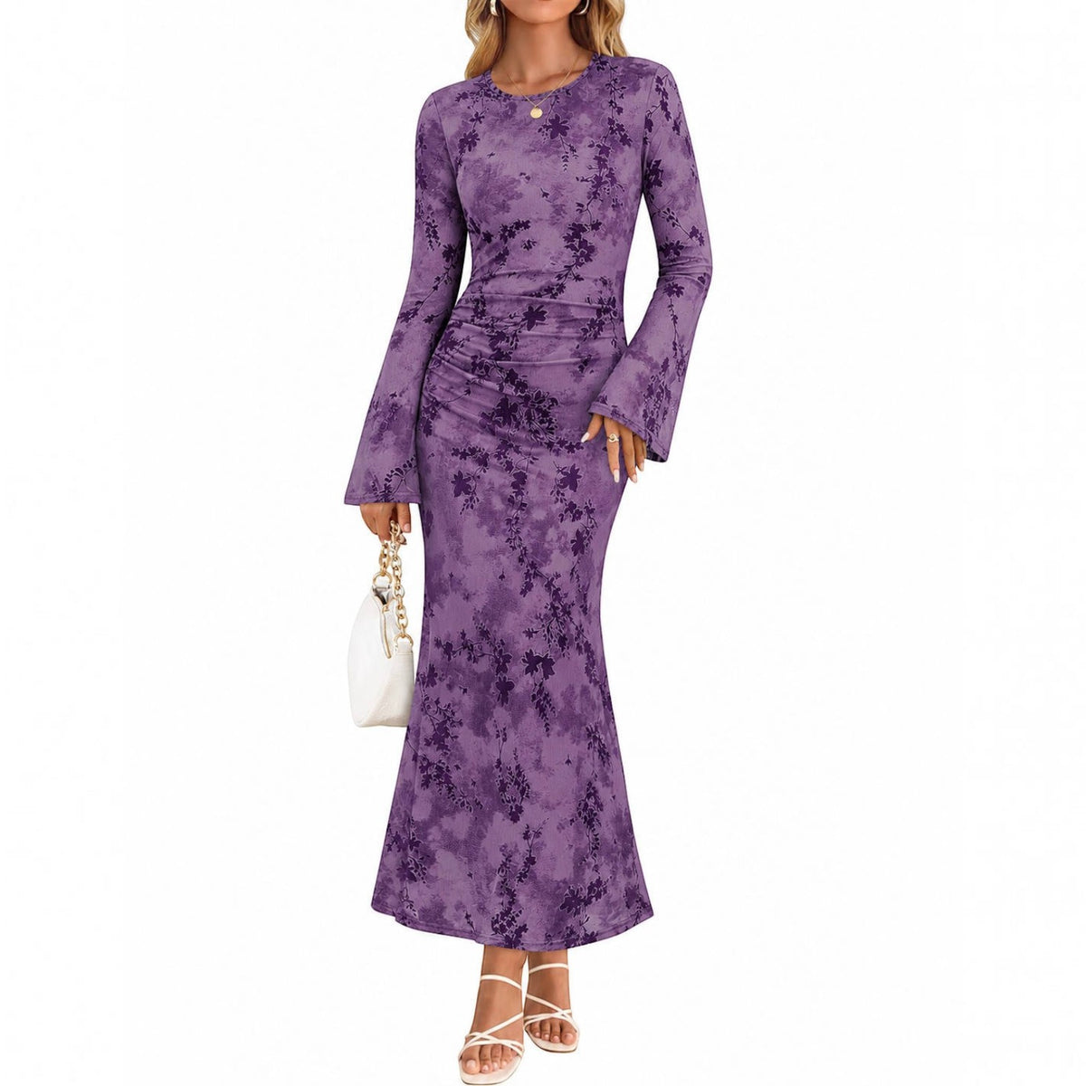Womens Printed Maxi Dress, Long Sleeve Ruched Mesh Bodycon Dress, Elegant Fall Formal Dress