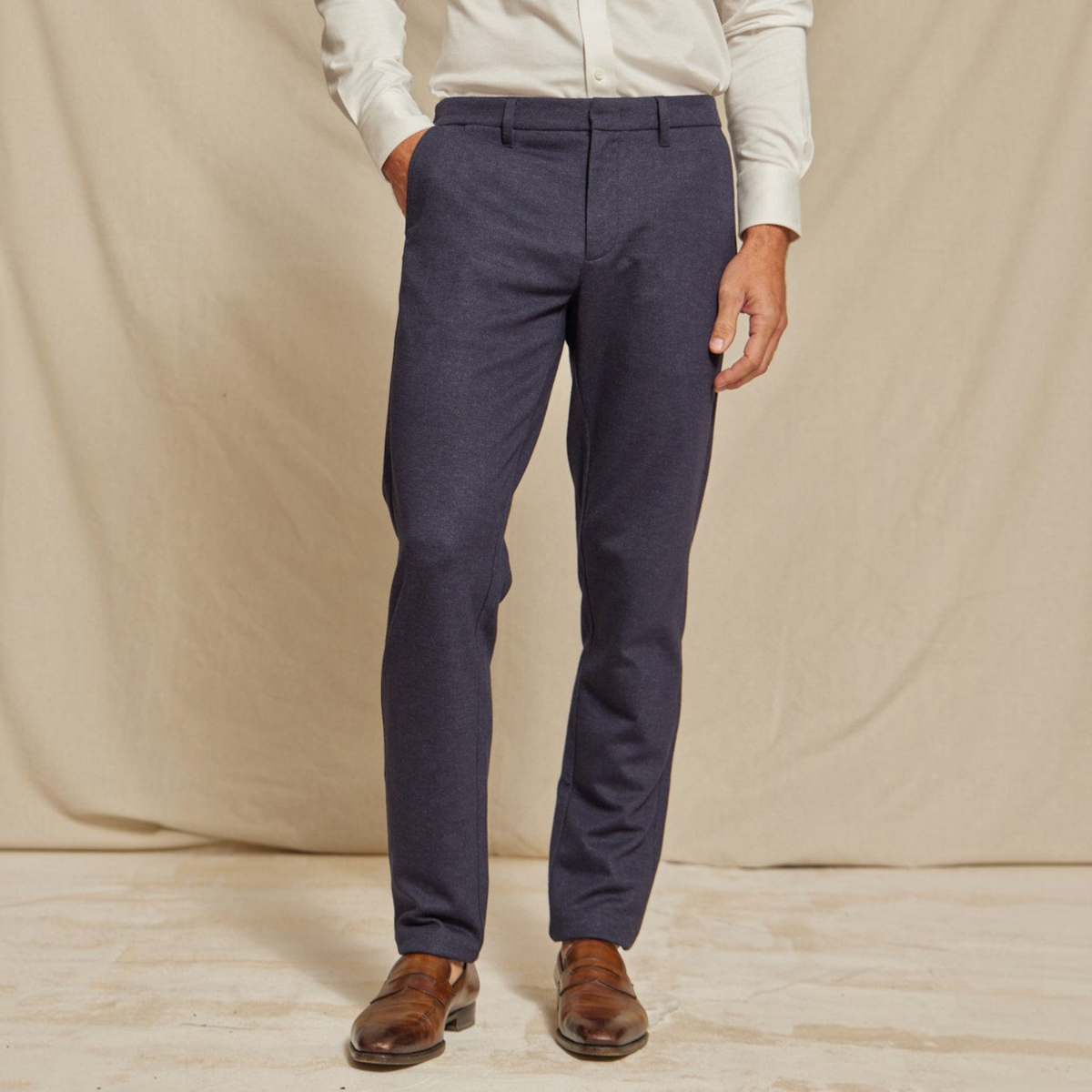 Mens Brushed Stretch Navy Blue Chino Pants, Slim Fit