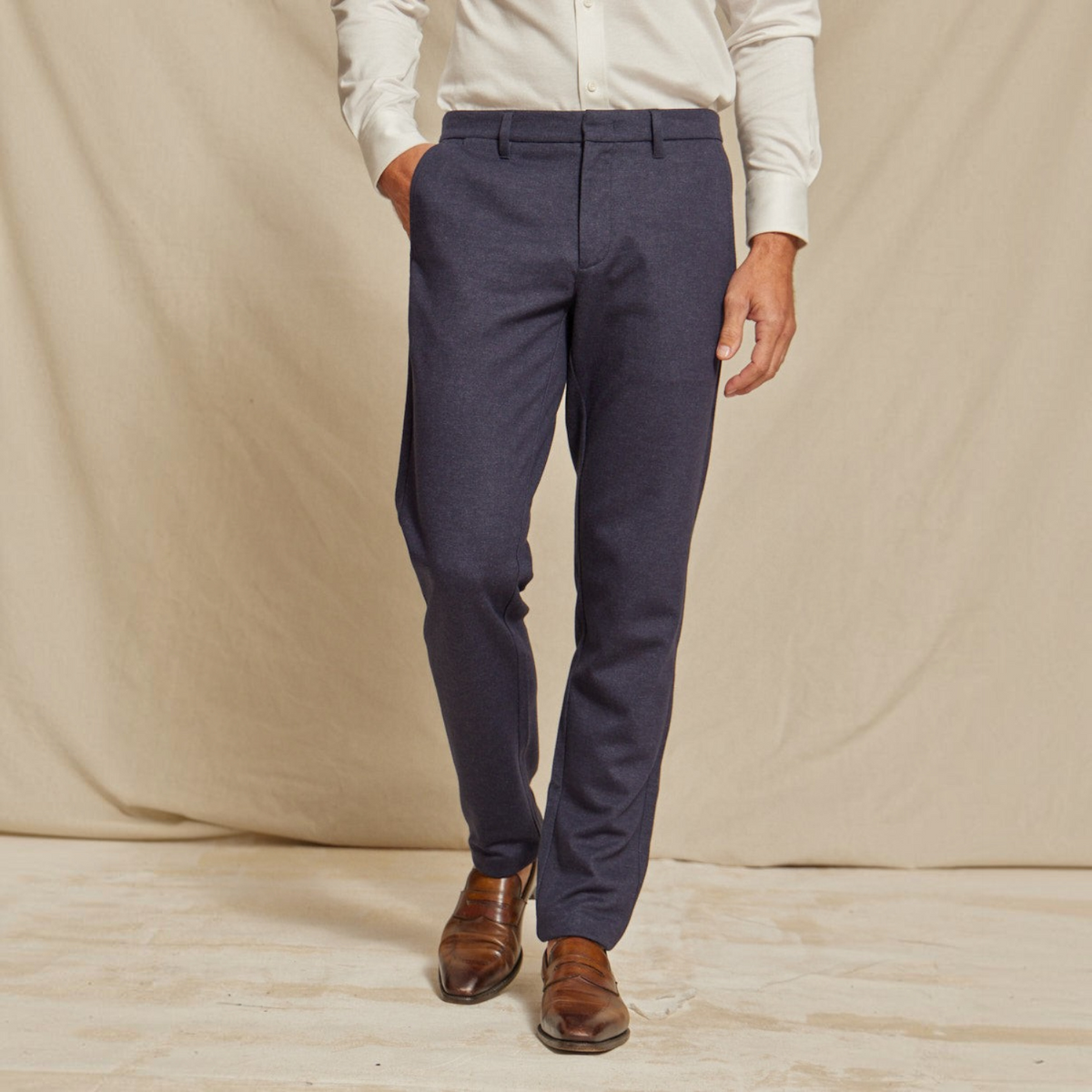 Mens Brushed Stretch Navy Blue Chino Pants, Slim Fit