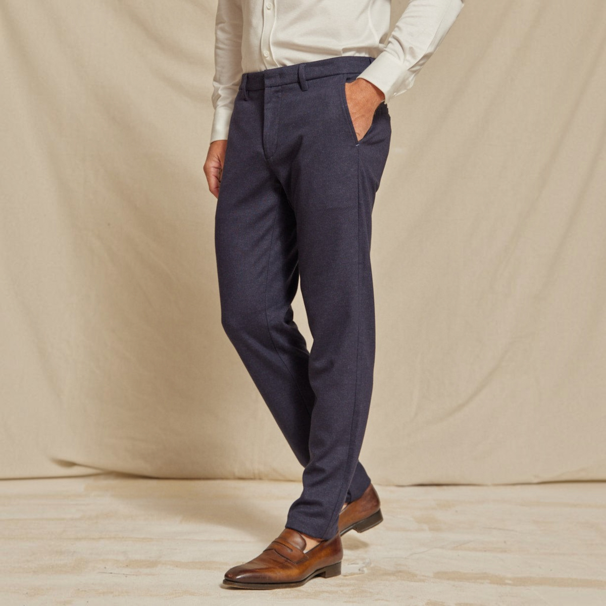 Mens Brushed Stretch Navy Blue Chino Pants, Slim Fit