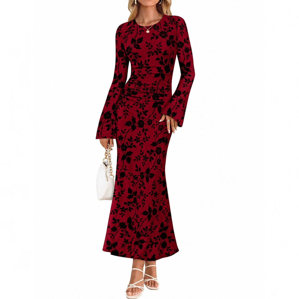 Womens Printed Maxi Dress, Long Sleeve Ruched Mesh Bodycon Dress, Elegant Fall Formal Dress