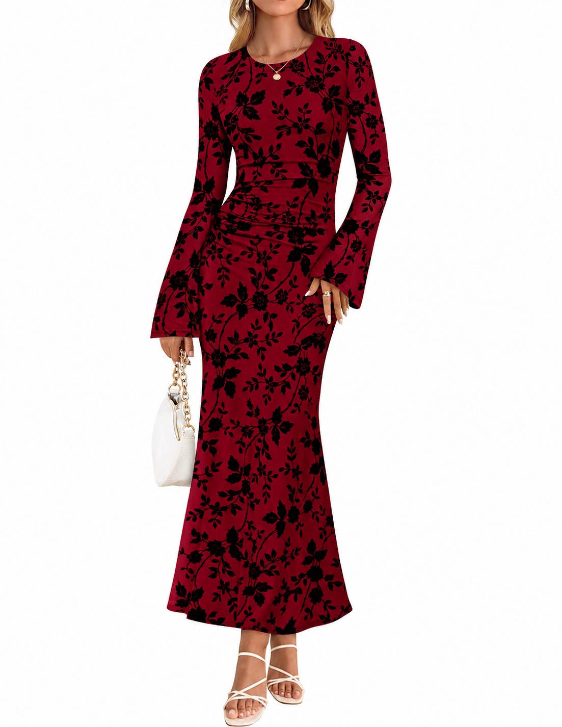 Womens Floral Maxi Dress, Long Sleeve Ruched Mesh Bodycon Dress, Elegant Fall Formal Dress