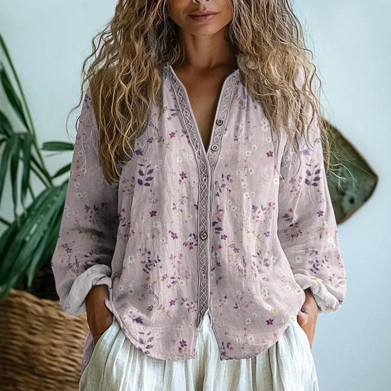 Vintage Leaf Print Button Down Shirt with Breathable Fabric and Draped Silhouette