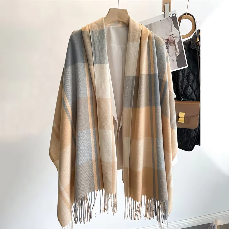 Plaid Winter Scarf with Tassel Fringe and Thick Woven Blend, 78in x 27in