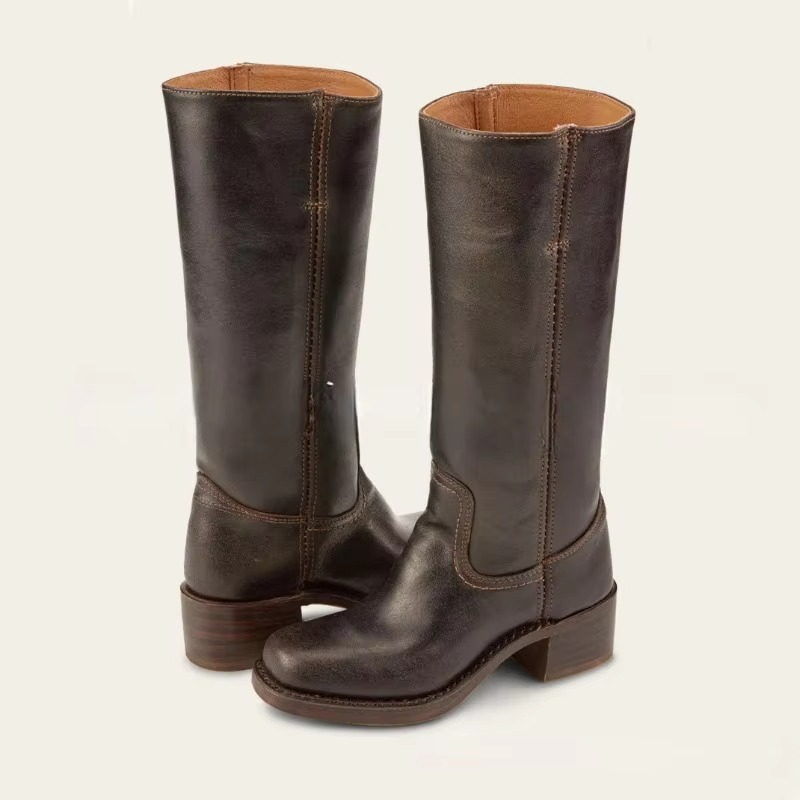Womens Wide Calf Knee High Boots with Round Toe and Square Heel, Pull On Closure