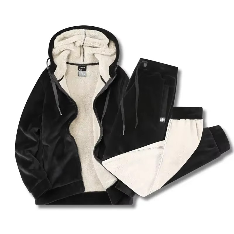 Fleece Tracksuit Set with Hooded Jacket and Elastic Waistband Pants for Winter