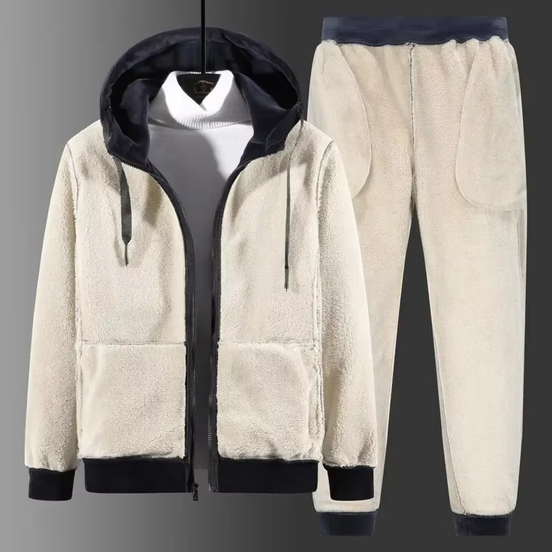 Fleece Tracksuit Set with Hooded Jacket and Elastic Waistband Pants for Winter