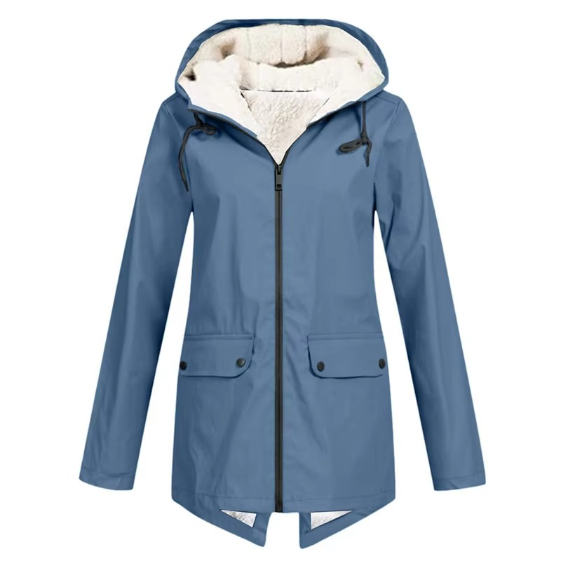 Womens Hooded Rain Jacket with Drawstring Hood and Optional Sherpa Lining