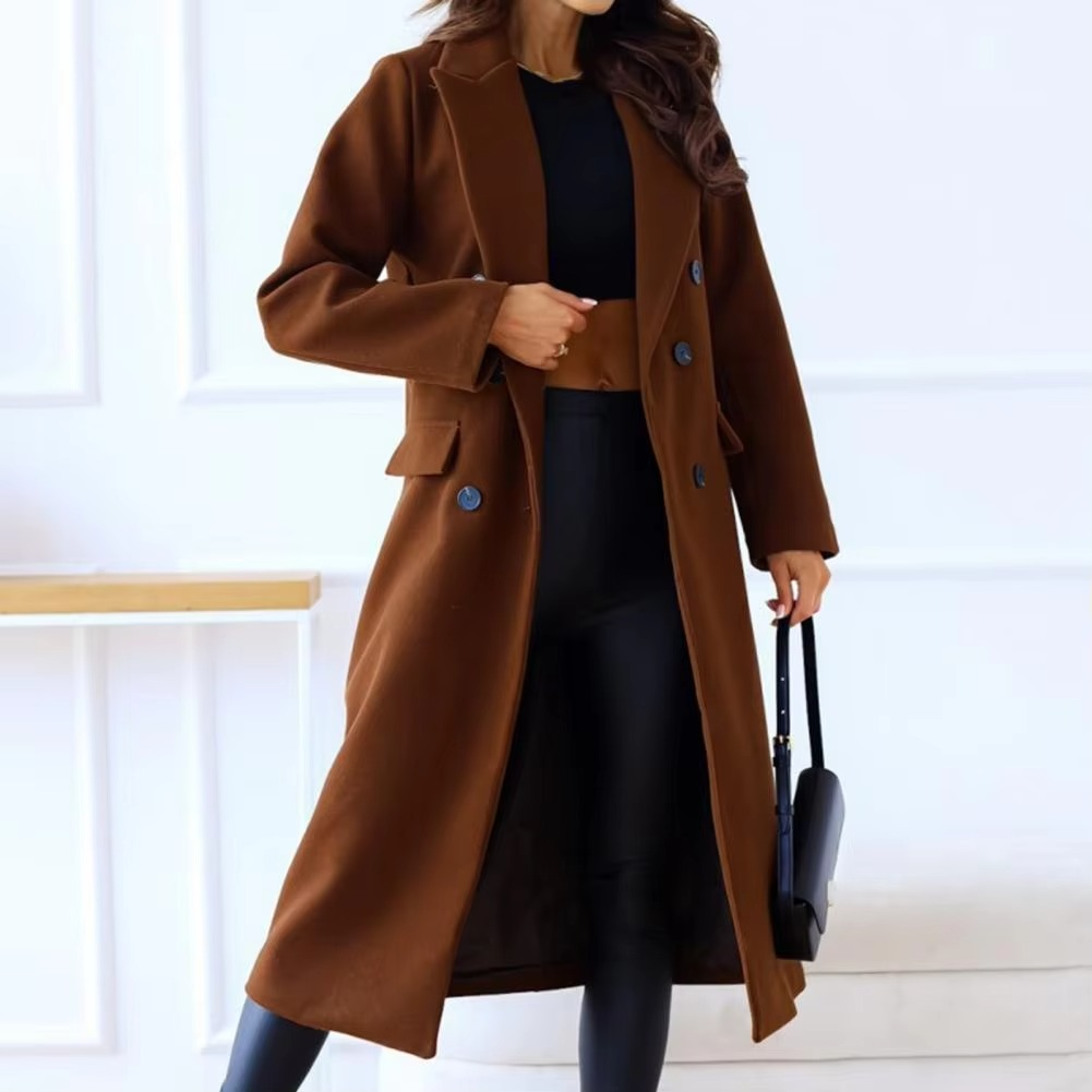 Double Breasted Mid Length Coat with Structured Lapel and Wrinkle Resistant Polyester Blend