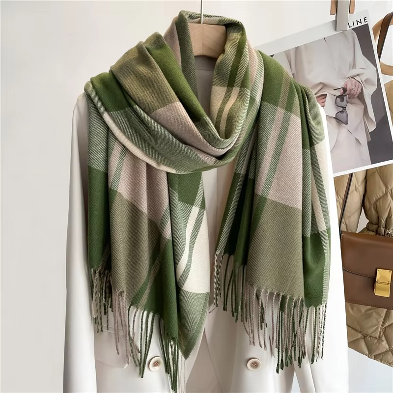 Plaid Winter Scarf with Tassel Fringe and Thick Woven Blend, 78in x 27in