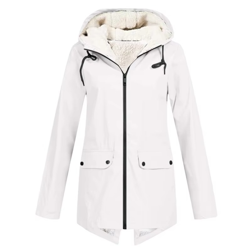 Womens Hooded Rain Jacket with Drawstring Hood and Optional Sherpa Lining