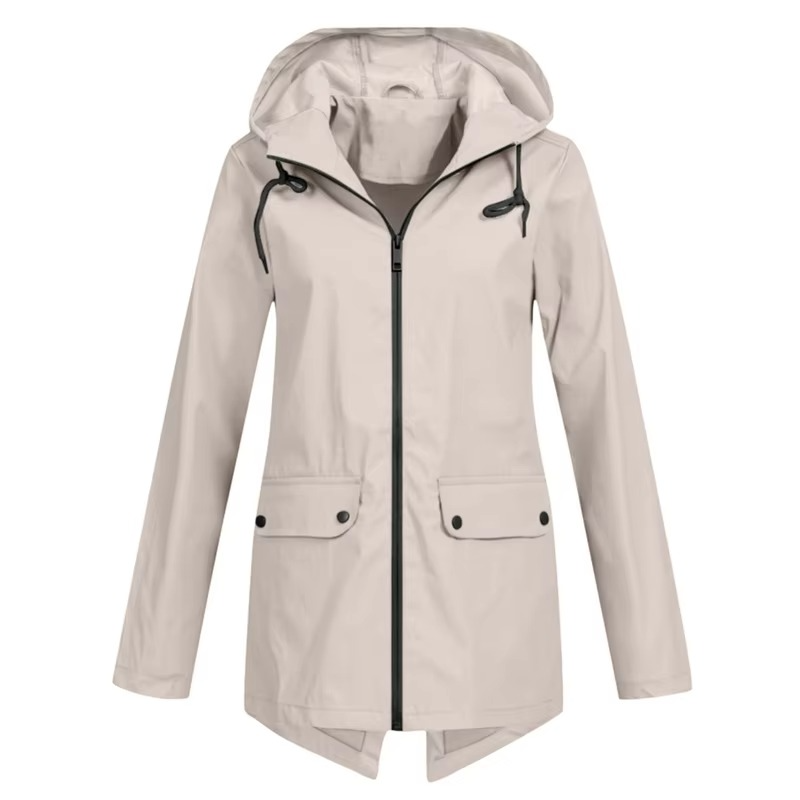 Womens Hooded Rain Jacket with Drawstring Hood and Optional Sherpa Lining
