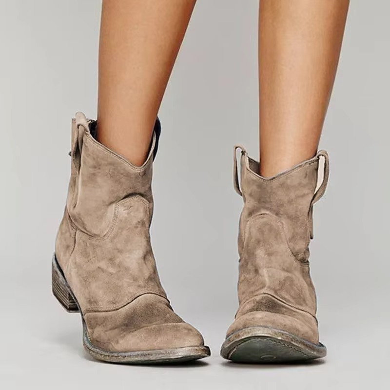 Pointed Toe Western Slip-On Ankle Boots with Low Heel and Synthetic Leather
