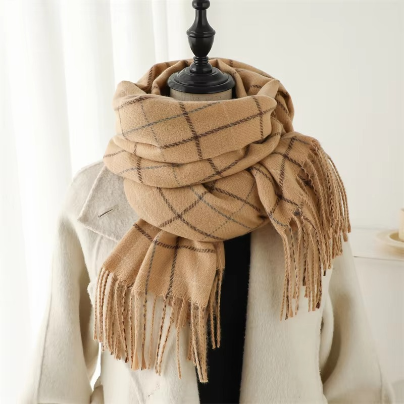 Plaid Winter Scarf with Tassel Fringe and Thick Woven Blend, 78in x 27in