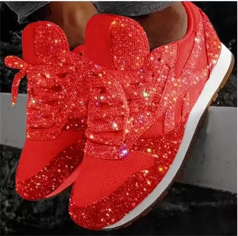 Womens Glitter Sneakers with Mesh Upper and Lace-Up Closure