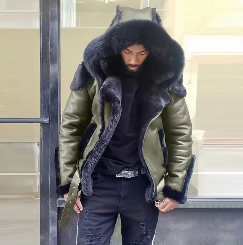 Mens Winter Coat with Wool Lining and Textured Collar, Wind Resistant