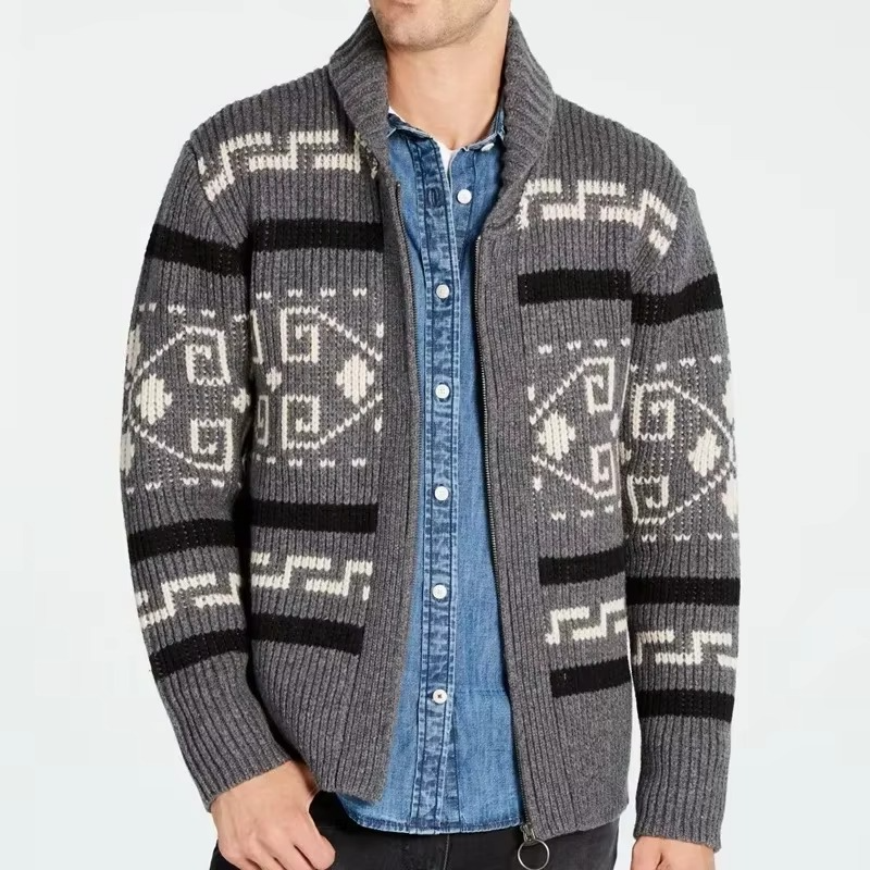 Jacquard Knit Cardigan with Shawl Collar and Full Length Zipper
