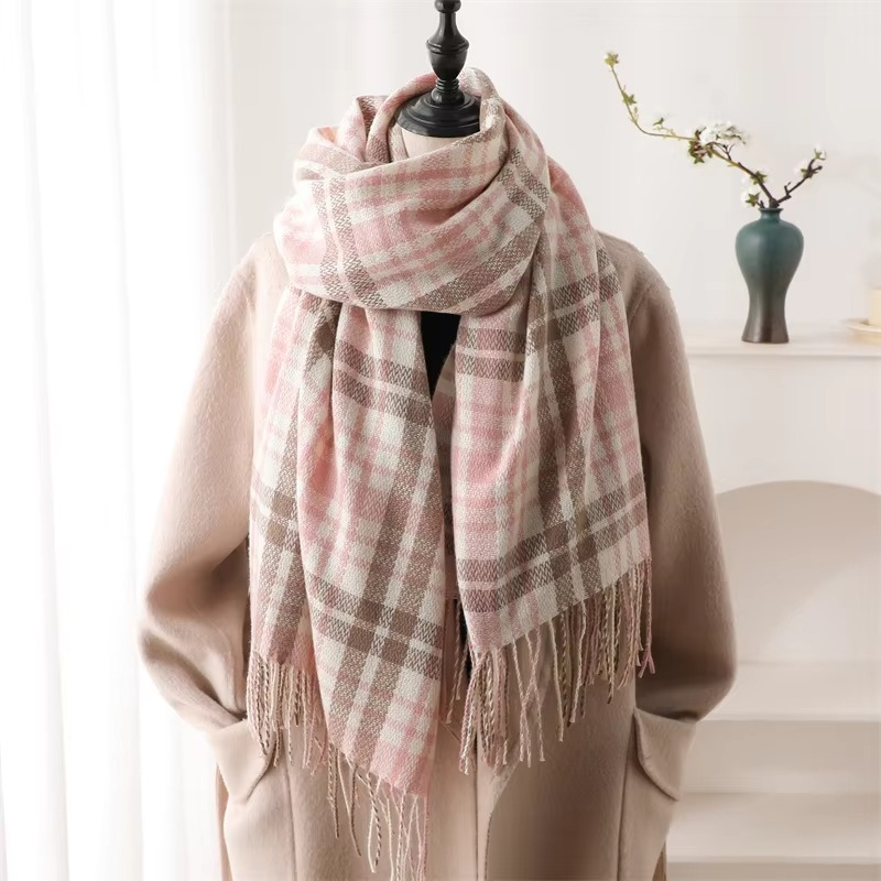 Plaid Winter Scarf with Tassel Fringe and Thick Woven Blend, 78in x 27in